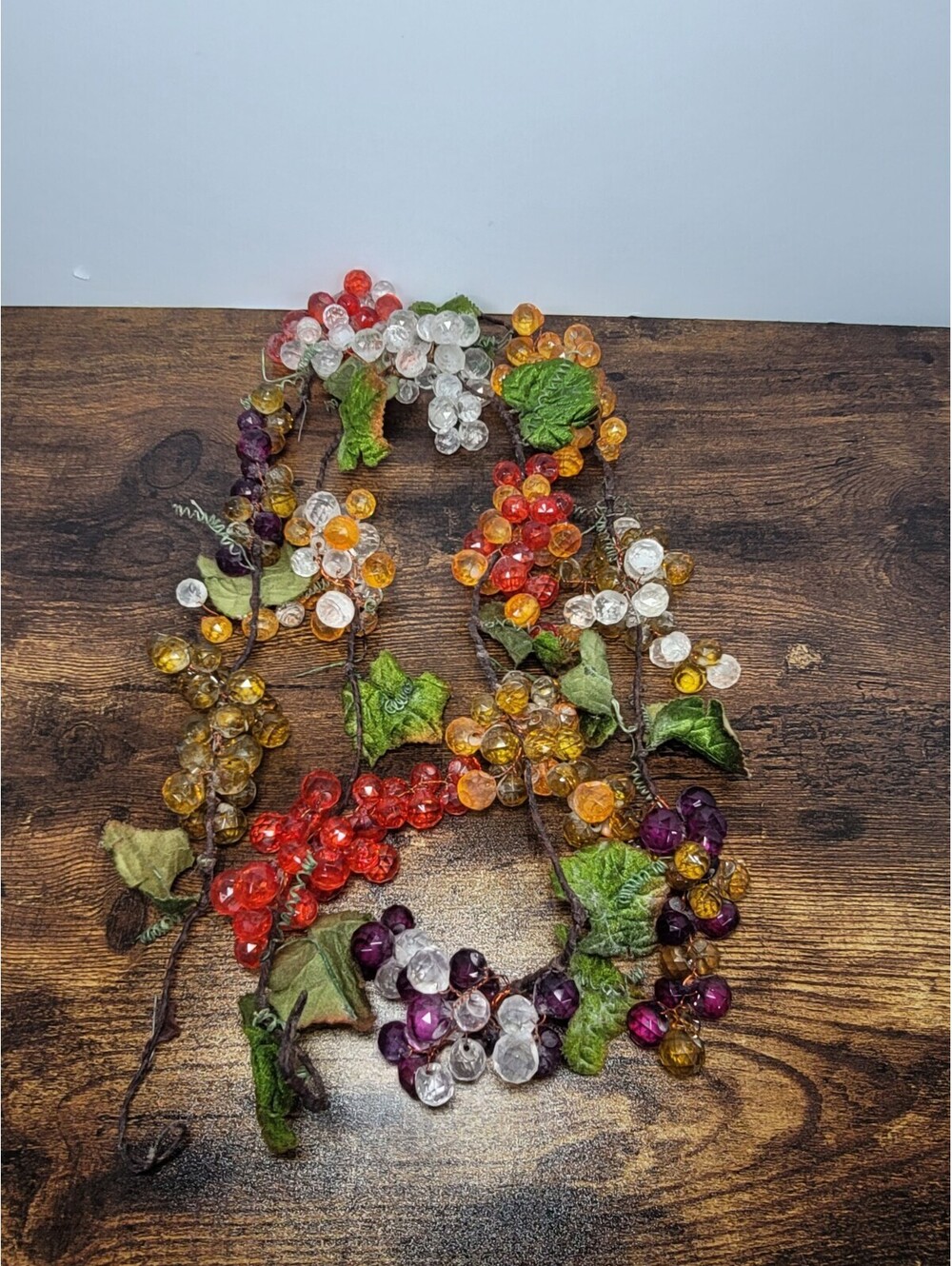 Vintage Bead Grape Clusters On Vine Garland Wire Adjustable Realistic Leaves